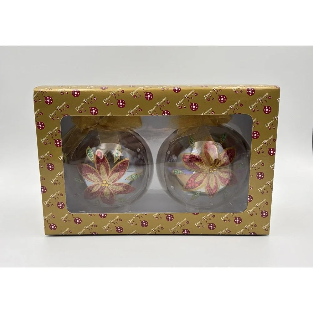 VTG Dillards Trimmings Blown Glass Christmas Ornaments Set 2 Red Poinsettia Gold